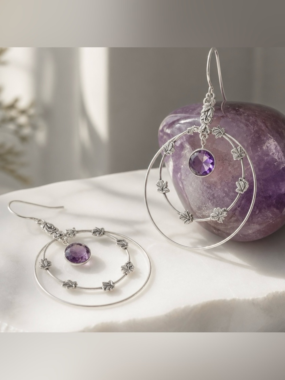 Sterling Silver Hoop Earrings with Amethysts Gemstones